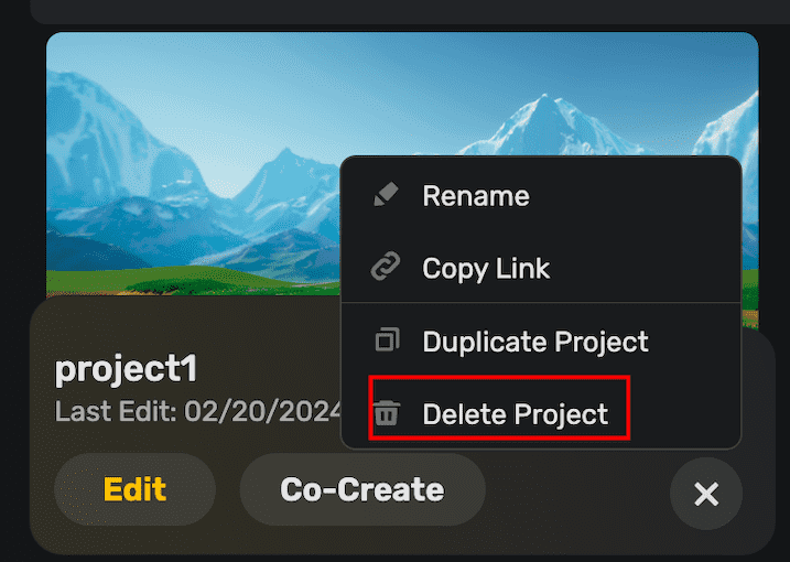 delete project on card