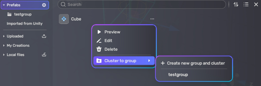 Cluster prefab to group