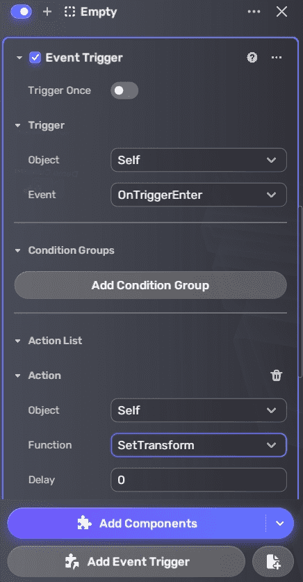 Empty object's Event Trigger